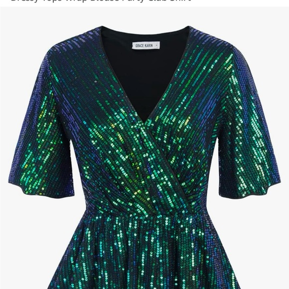 XL GRACE KARIN Sequin Women Short Sleeve Sparkly Blouse in Blue Ocean - Picture 6 of 7